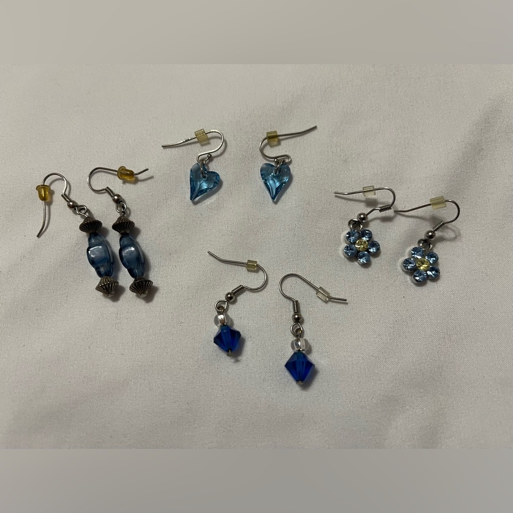 Blue & Silver Dangle Earrings 4 Pairs Floral Heart Drop Earrings Costume Jewelry - Picture 3 of 12